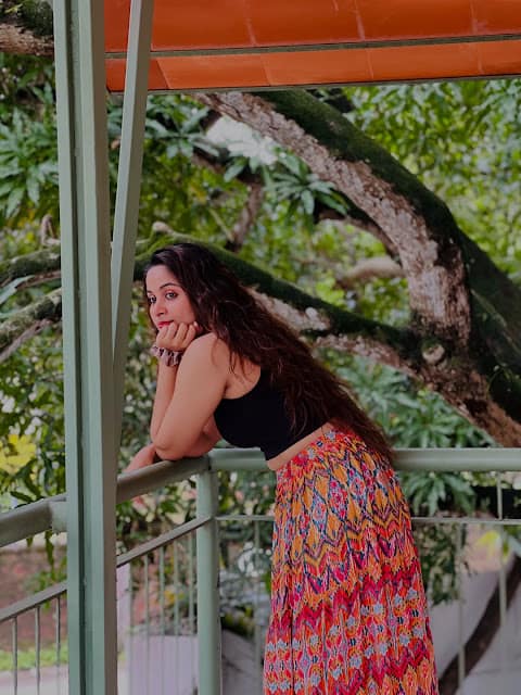 Rosmin Thadathil in black crop top and ikat maxi skirt Rosmin Thadathil in black crop top and ikat maxi skirt