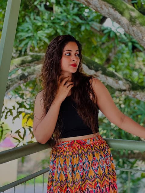 Rosmin Thadathil in black crop top and ikat maxi skirt Rosmin Thadathil in black crop top and ikat maxi skirt
