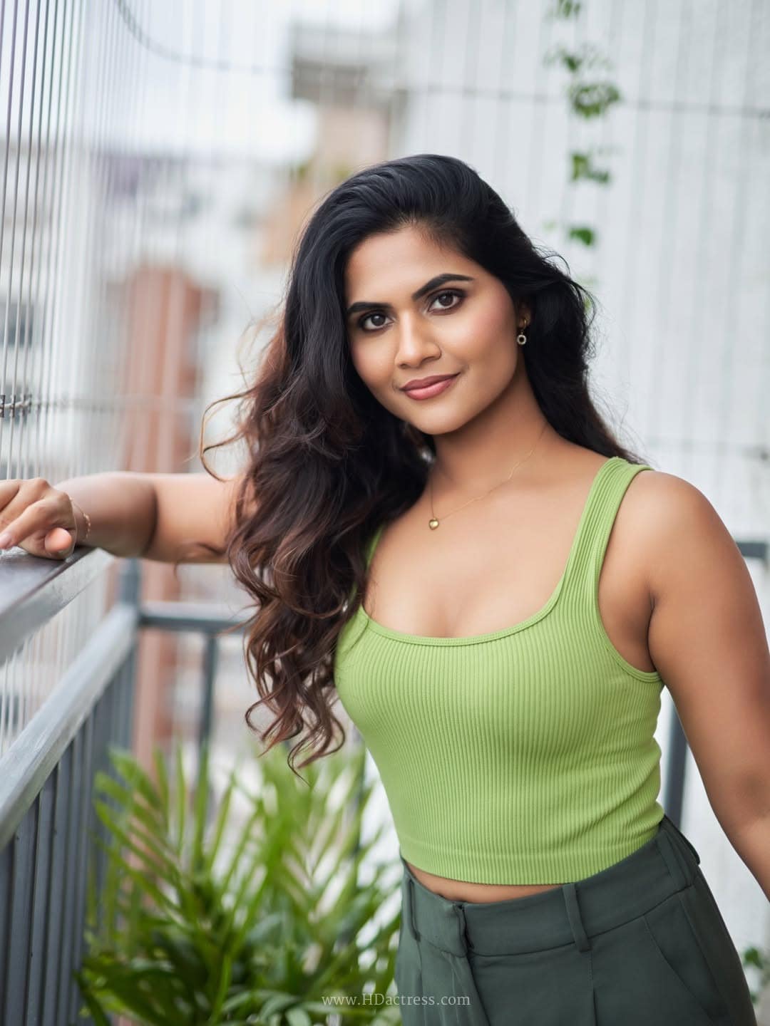 Swathi Karimireddy in lime green top and olive trousers Swathi Karimireddy in lime green top and olive trousers