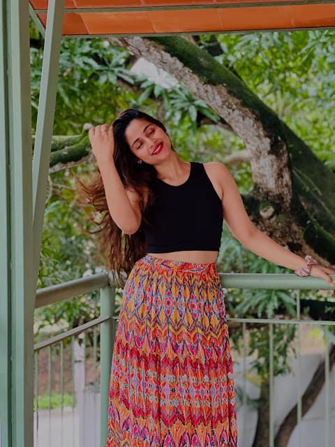 Rosmin Thadathil in black crop top and ikat maxi skirt Rosmin Thadathil in black crop top and ikat maxi skirt