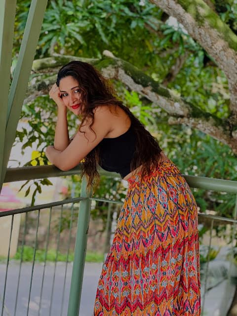 Rosmin Thadathil in black crop top and ikat maxi skirt Rosmin Thadathil in black crop top and ikat maxi skirt