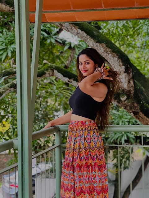 Rosmin Thadathil in black crop top and ikat maxi skirt Rosmin Thadathil in black crop top and ikat maxi skirt