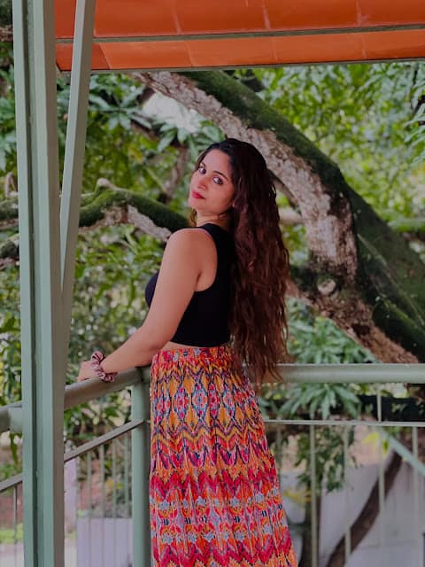 Rosmin Thadathil in black crop top and ikat maxi skirt Rosmin Thadathil in black crop top and ikat maxi skirt