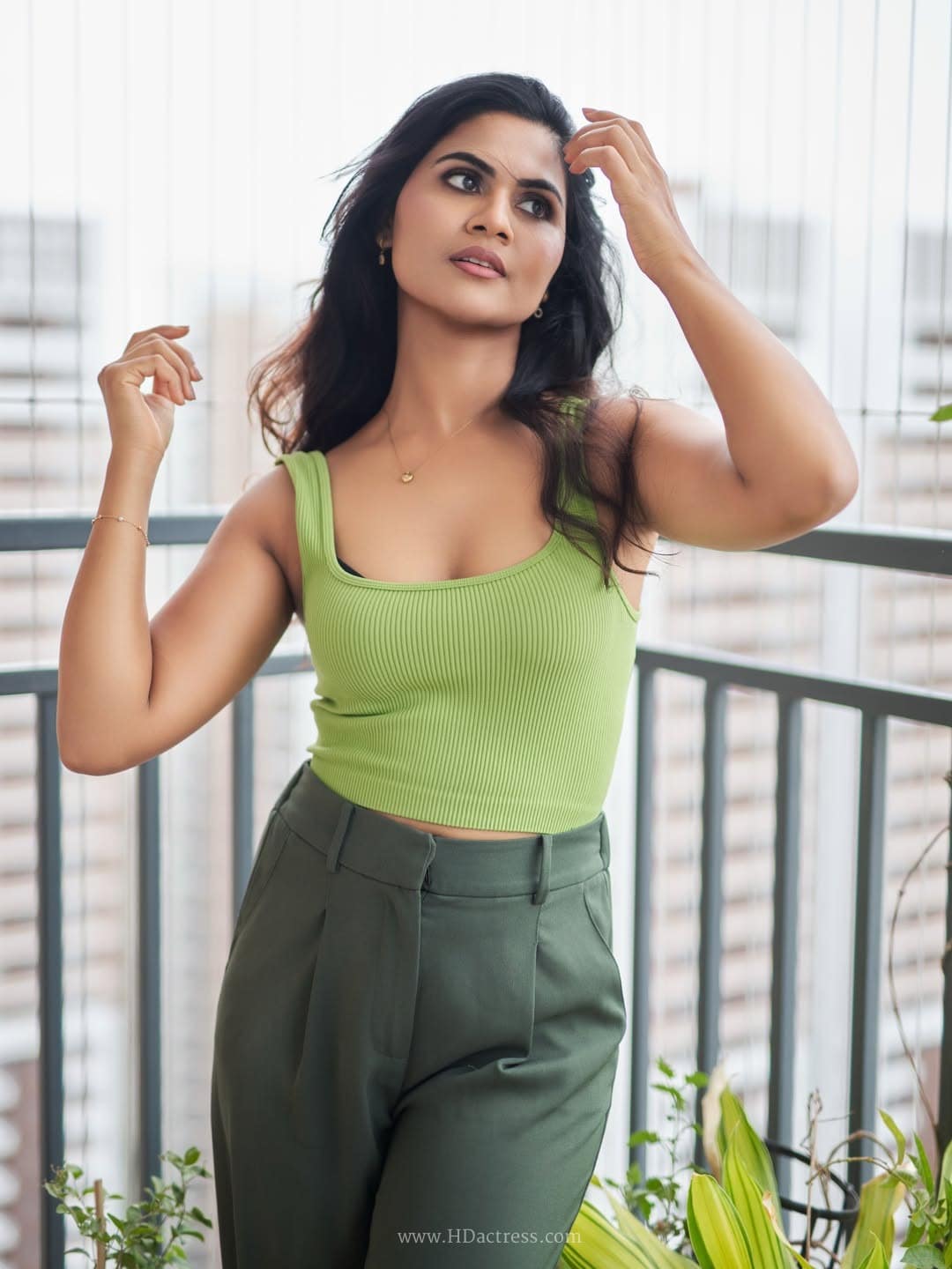 Swathi Karimireddy in lime green top and olive trousers Swathi Karimireddy in lime green top and olive trousers
