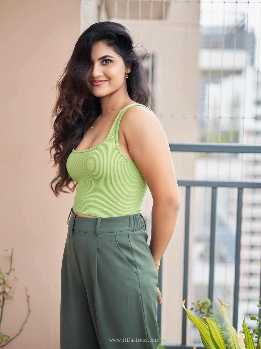 Swathi Karimireddy in lime green top and olive trousers Swathi Karimireddy in lime green top and olive trousers