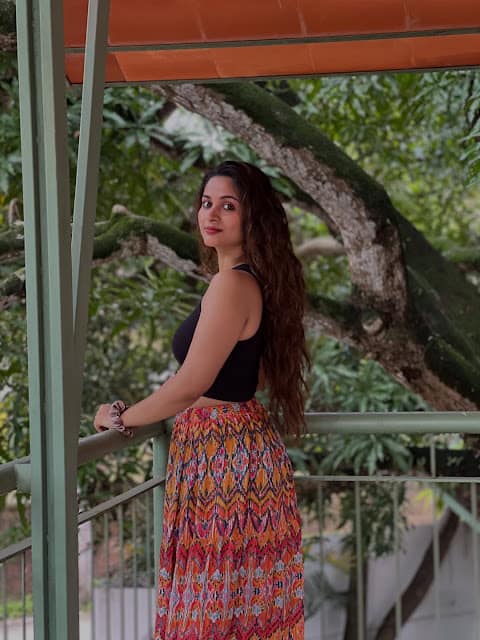 Rosmin Thadathil in black crop top and ikat maxi skirt Rosmin Thadathil in black crop top and ikat maxi skirt