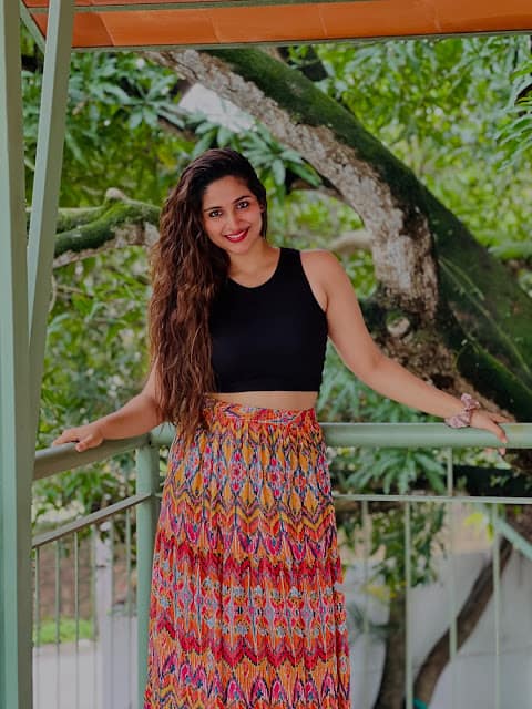Rosmin Thadathil in black crop top and ikat maxi skirt Rosmin Thadathil in black crop top and ikat maxi skirt