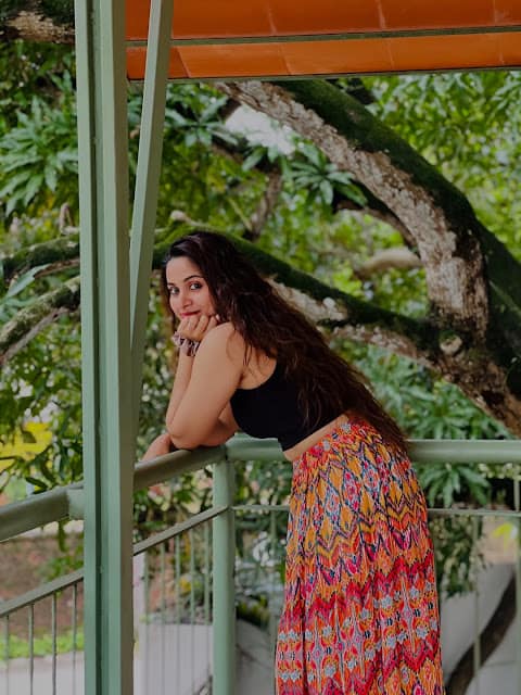 Rosmin Thadathil in black crop top and ikat maxi skirt Rosmin Thadathil in black crop top and ikat maxi skirt