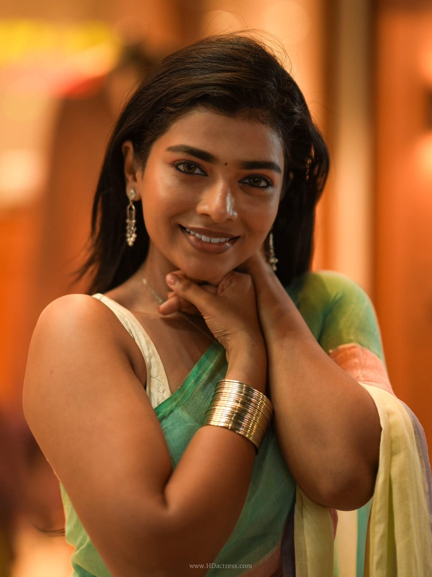 Swetha Kumar in pastel multicolored striped saree