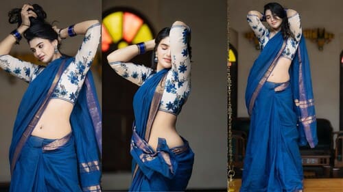 Jabardasth  Varsha’s latest photos showing off her navel in a saree have gone viral