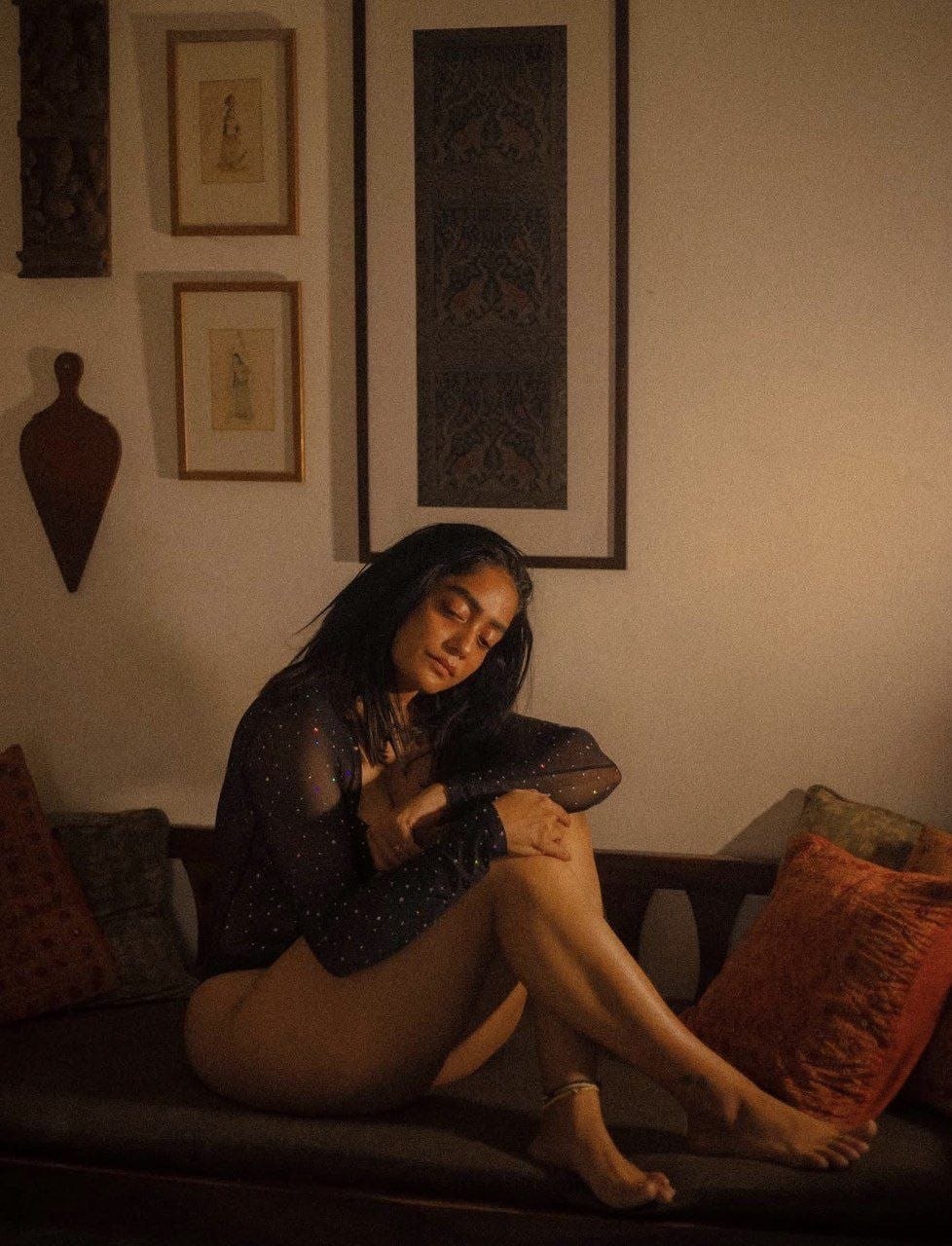 Tamil actress Abhirami Venkatachalam posing in a stylish, creative artistic photoshoot for her exclusive Instagram subscription followers.